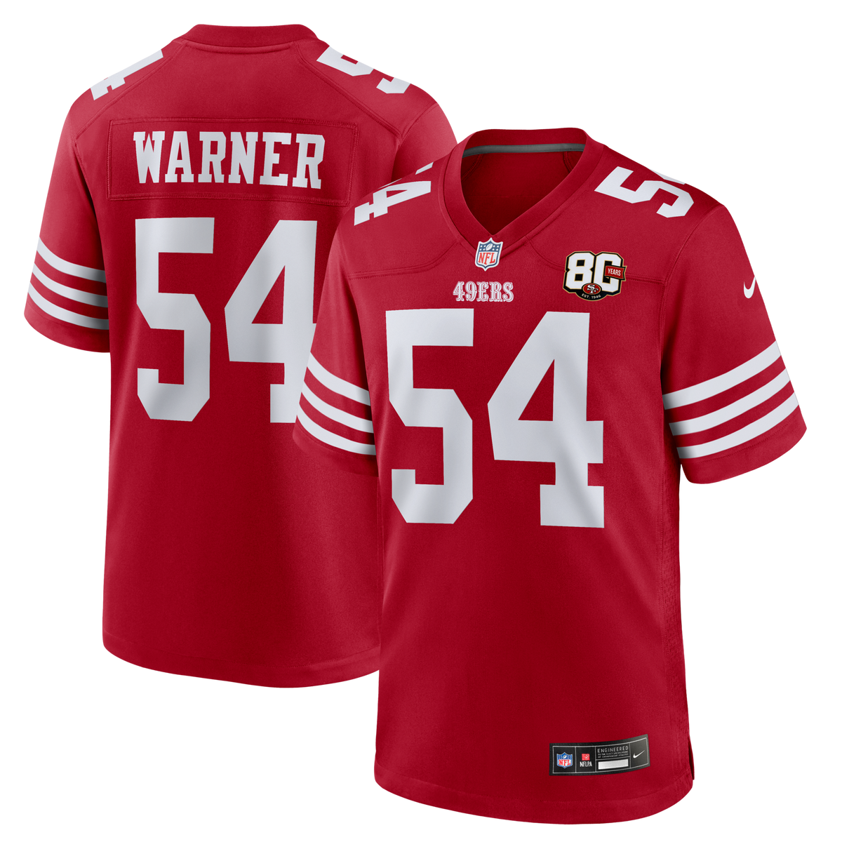 San Francisco 49ers Fred Warner Scarlet 80th Anniversary Game Football Jersey