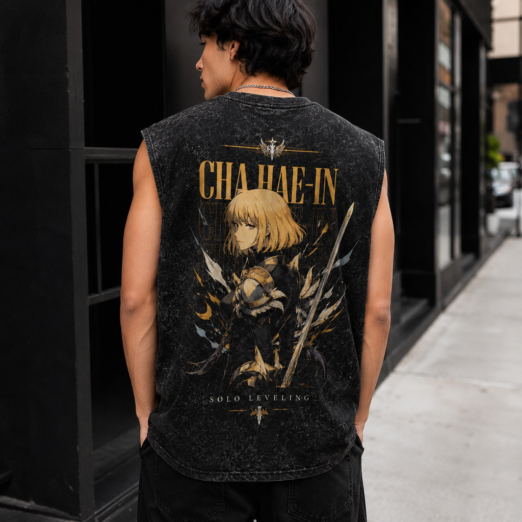 Cha Hae-In Solo Leveling Anime Tank Top - Golden Blade Acid Wash Vest