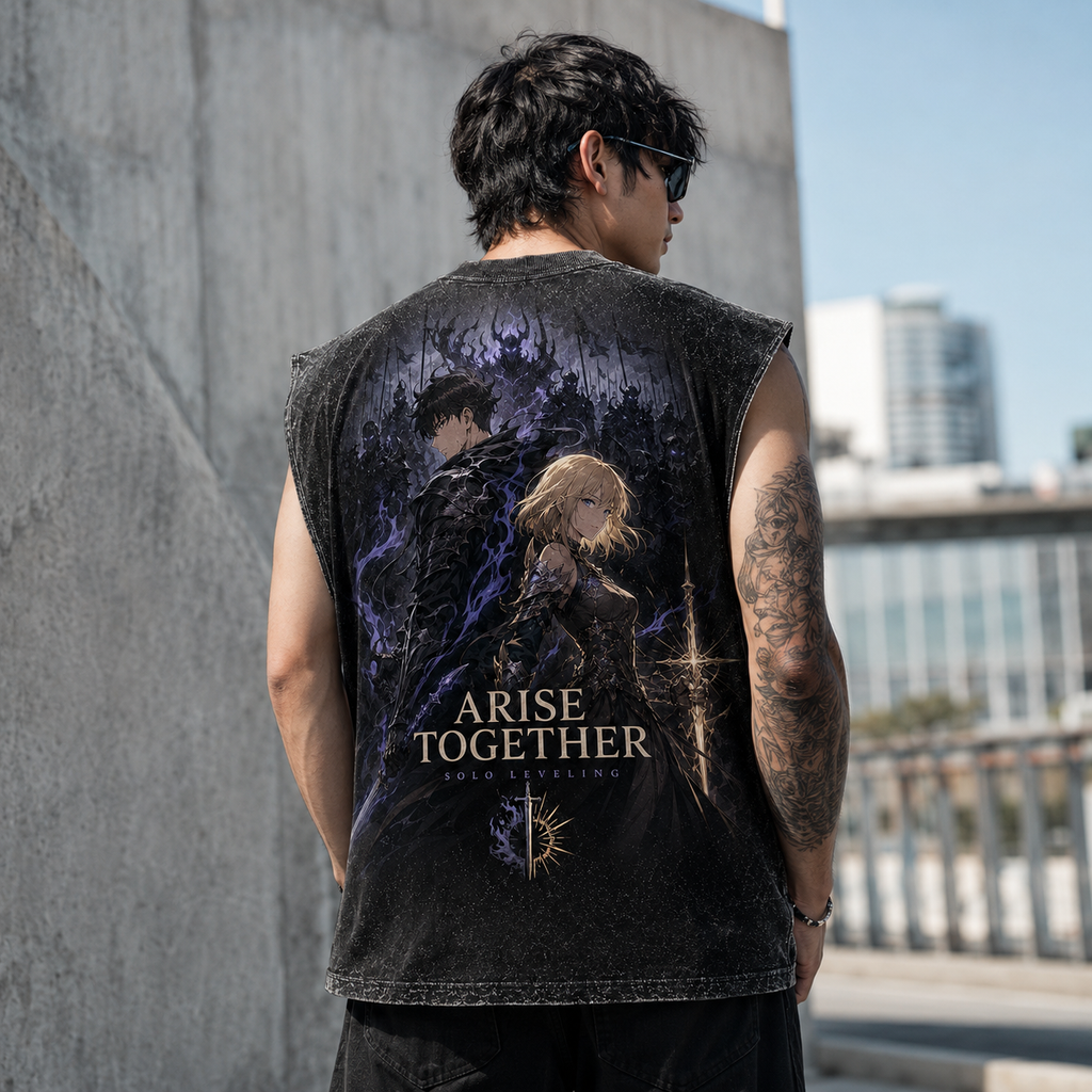 Cha Hae-In & Sung Jin-Woo Solo Leveling Anime Tank Top - Arise Together Acid Wash Vest