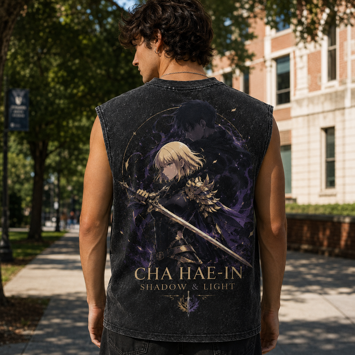 Cha Hae-In & Sung Jin-Woo Solo Leveling Anime Tank Top - Shadow And Light Acid Wash Vest