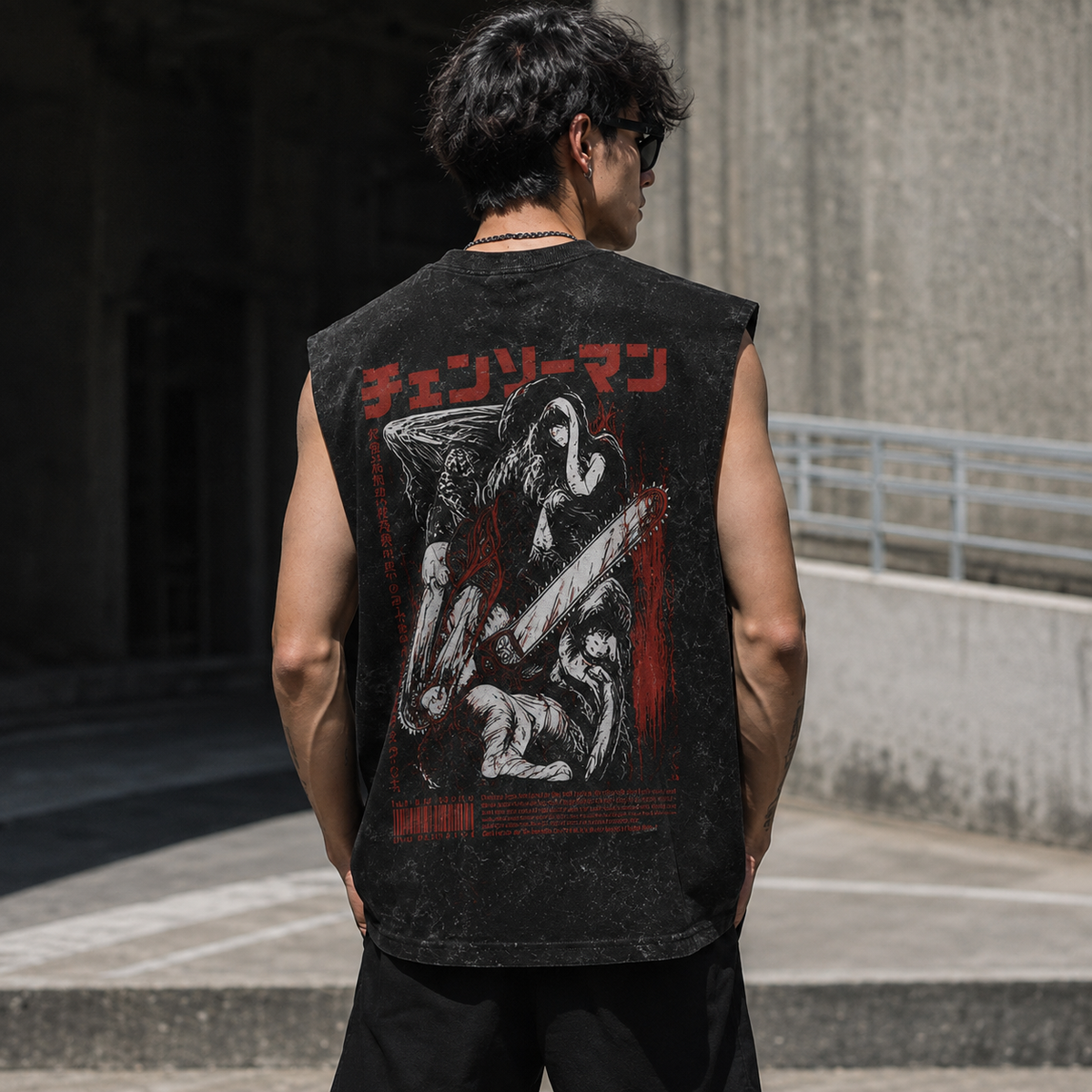 Chainsaw Man Anime Tank Top - (Denji) Crimson Carnage Acid Wash Vest