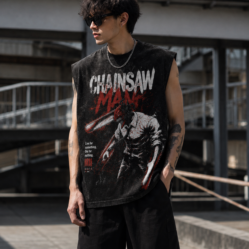 Chainsaw Man Anime Tank Top - (Denji) Crimson Carnage Acid Wash Vest