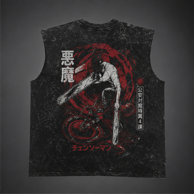 Chainsaw Man Anime Tank Top - (Denji) Devil Slash Acid Wash Vest