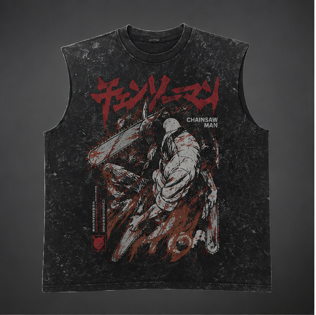 Chainsaw Man Anime Tank Top - (Denji) Devil Slash Acid Wash Vest