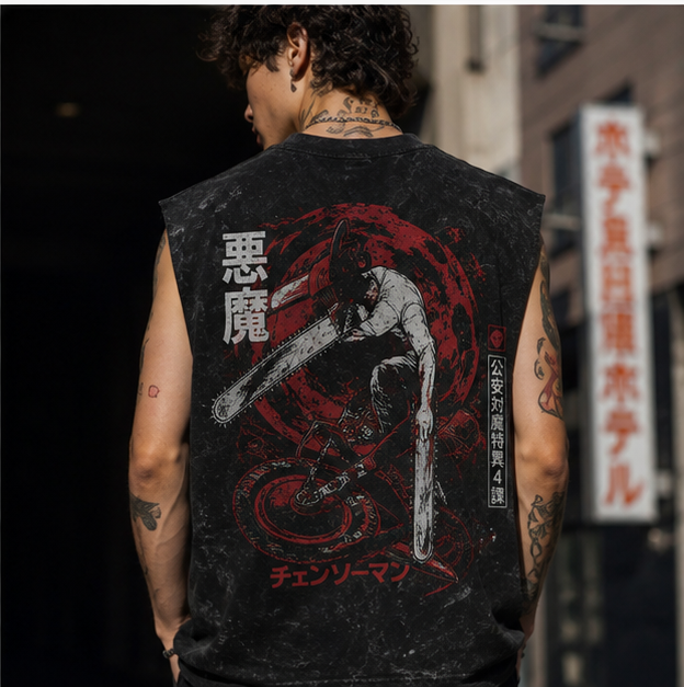 Chainsaw Man Anime Tank Top - (Denji) Devil Slash Acid Wash Vest