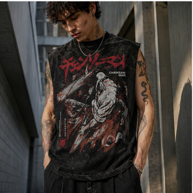 Chainsaw Man Anime Tank Top - (Denji) Devil Slash Acid Wash Vest