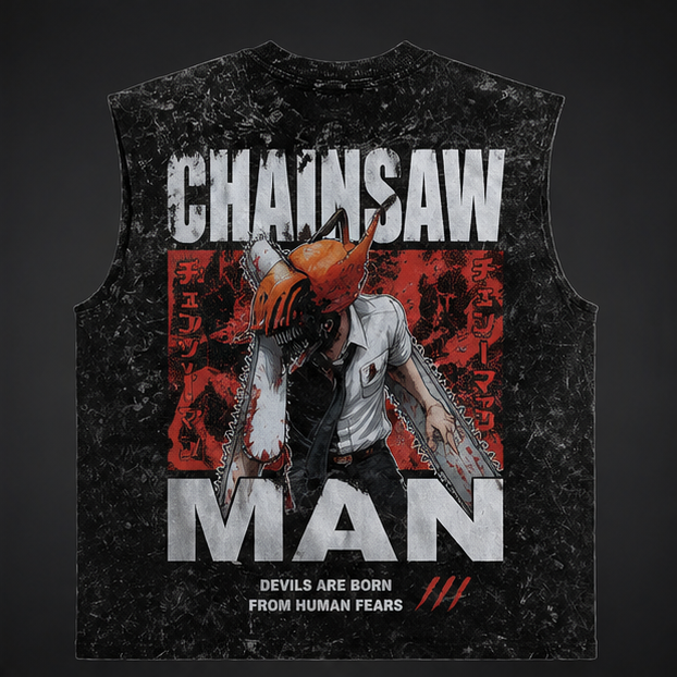 Chainsaw Man Anime Tank Top - (Denji) Human Fears Acid Wash Vest
