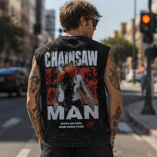Chainsaw Man Anime Tank Top - (Denji) Human Fears Acid Wash Vest