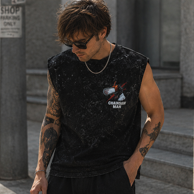 Chainsaw Man Anime Tank Top - (Denji) Human Fears Acid Wash Vest