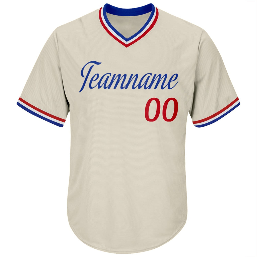 Custom Baseball Jersey - Cream Red-Royal Throwback Rib-Knit