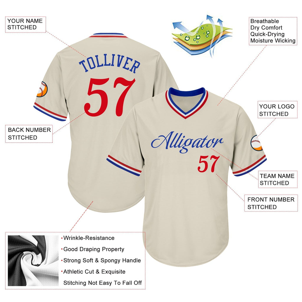 Custom Baseball Jersey - Cream Red-Royal Throwback Rib-Knit