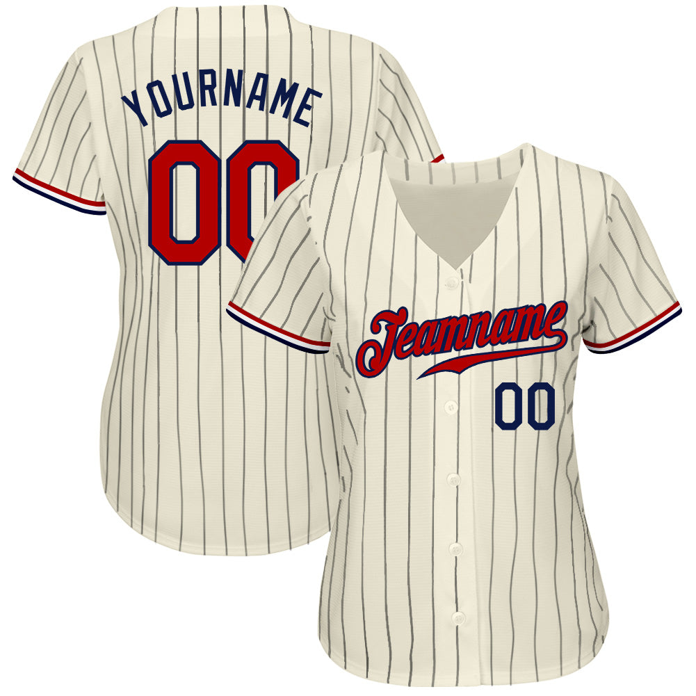 Custom Baseball Jersey - Cream Navy Pinstripe Navy-Red