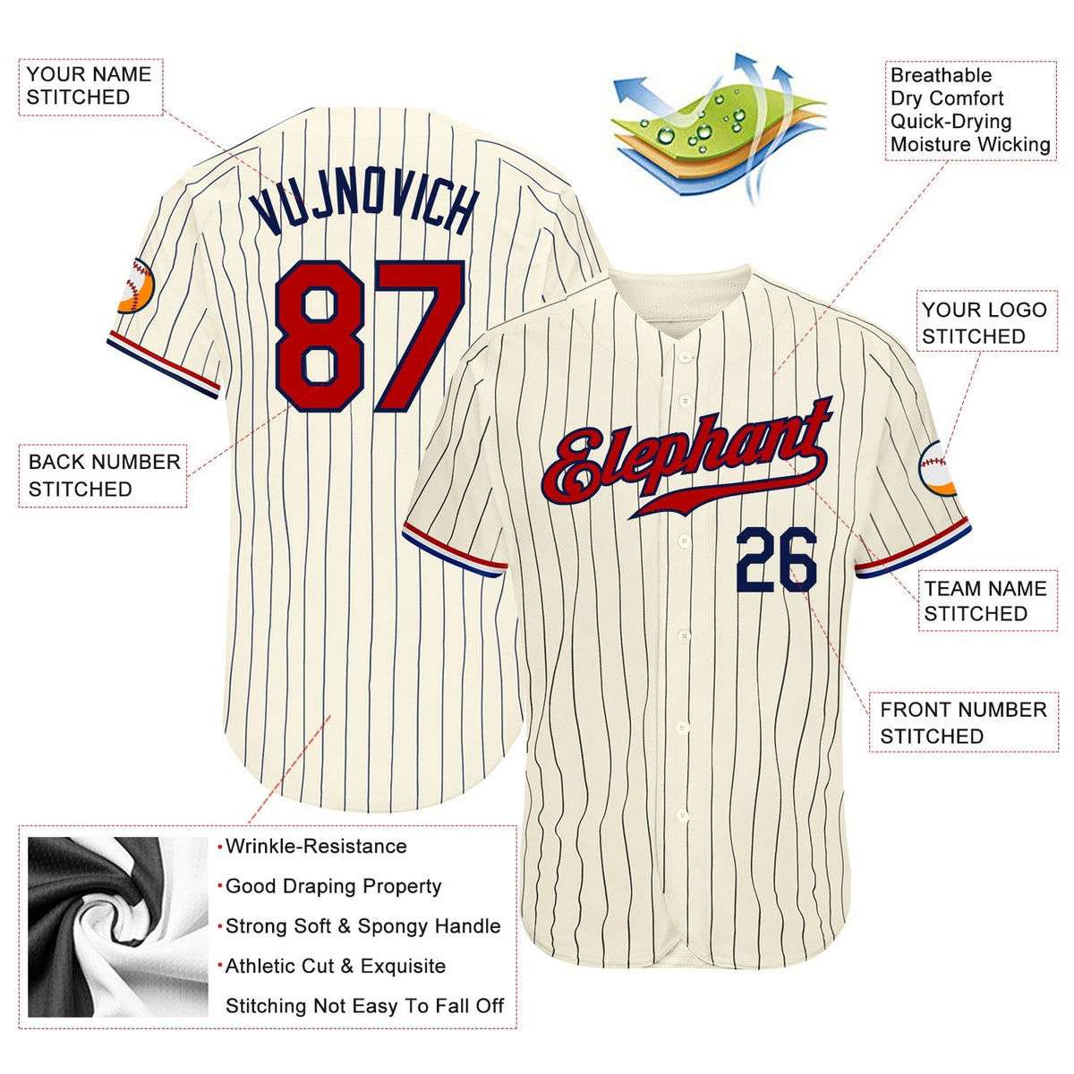 Custom Baseball Jersey - Cream Navy Pinstripe Navy-Red