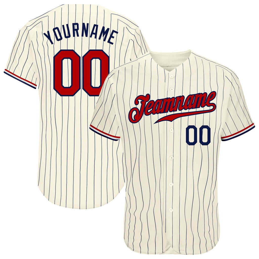 Custom Baseball Jersey - Cream Navy Pinstripe Navy-Red