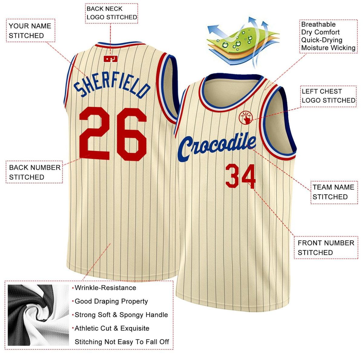 Custom Basketball Jersey - Cream Black Pinstripe Red-Royal