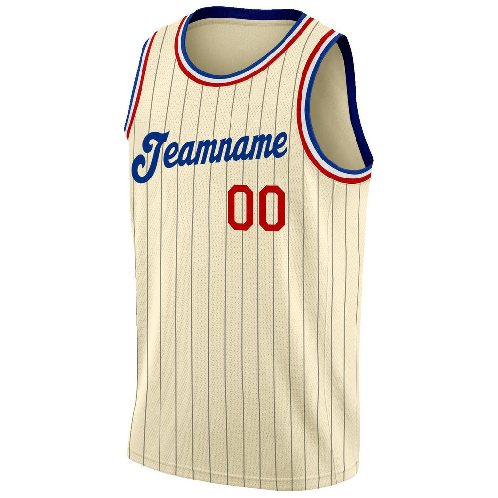 Custom Basketball Jersey - Cream Black Pinstripe Red-Royal