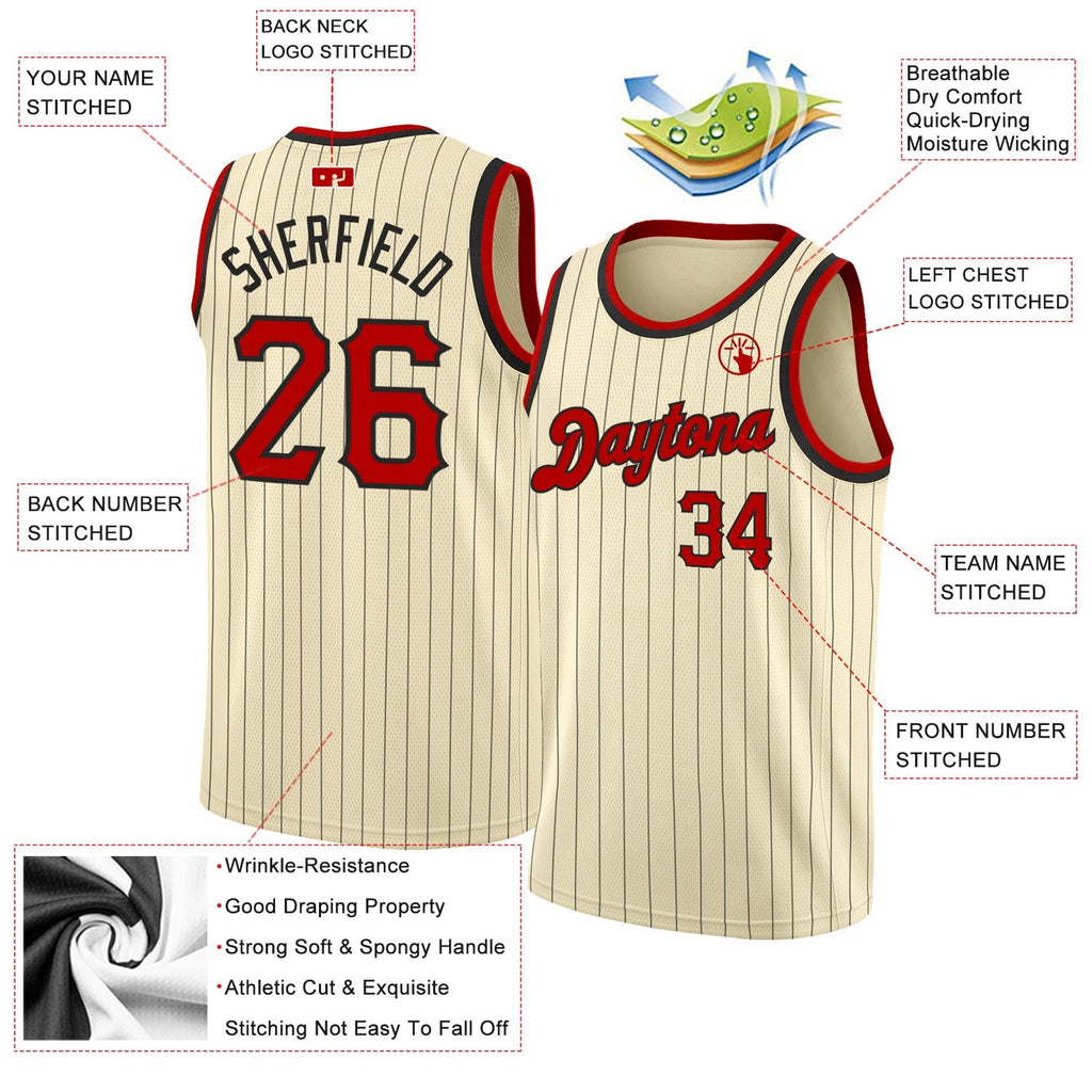 Custom Basketball Jersey - Cream Black Pinstripe Red-Black