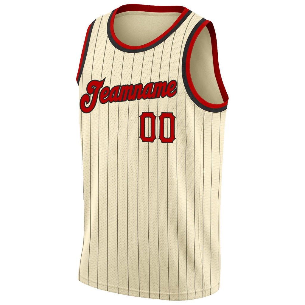 Custom Basketball Jersey - Cream Black Pinstripe Red-Black