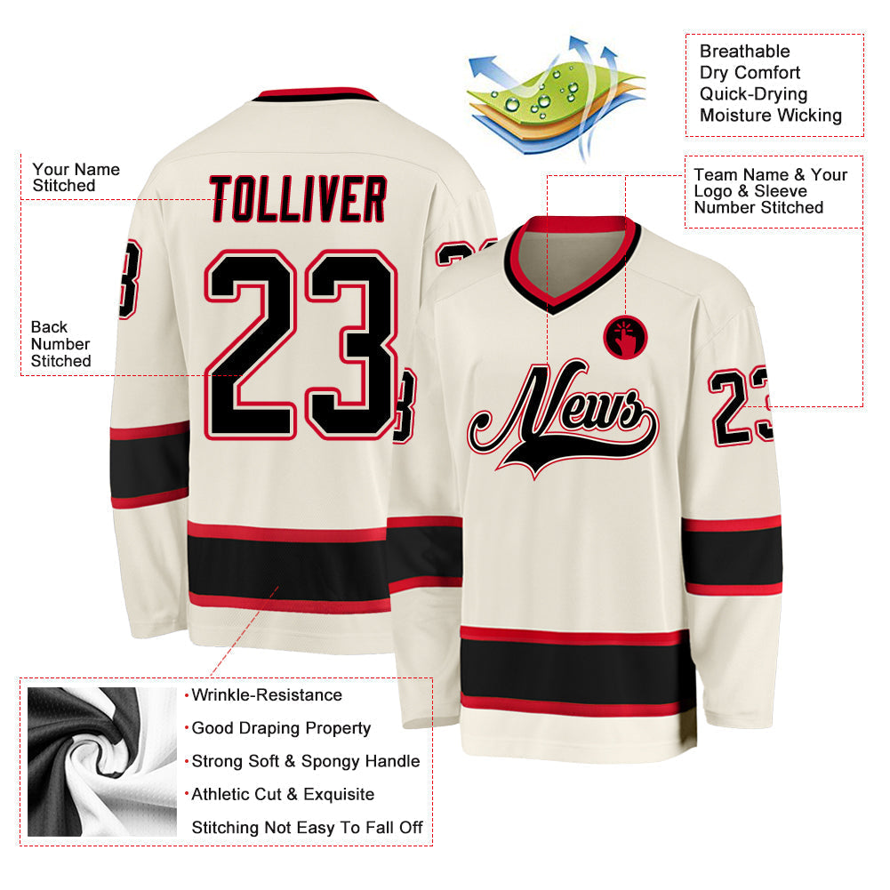 Custom Hockey Jersey - Cream Black-Red - Style Cream0158