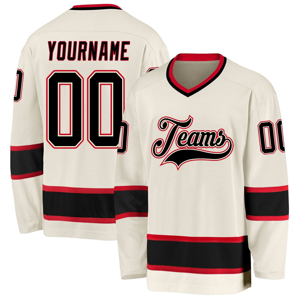 Custom Hockey Jersey - Cream Black-Red - Style Cream0158