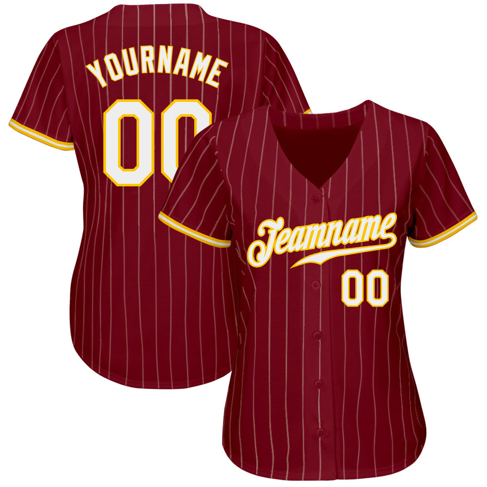 Custom Baseball Jersey - Crimson Cream Pinstripe Gold-White