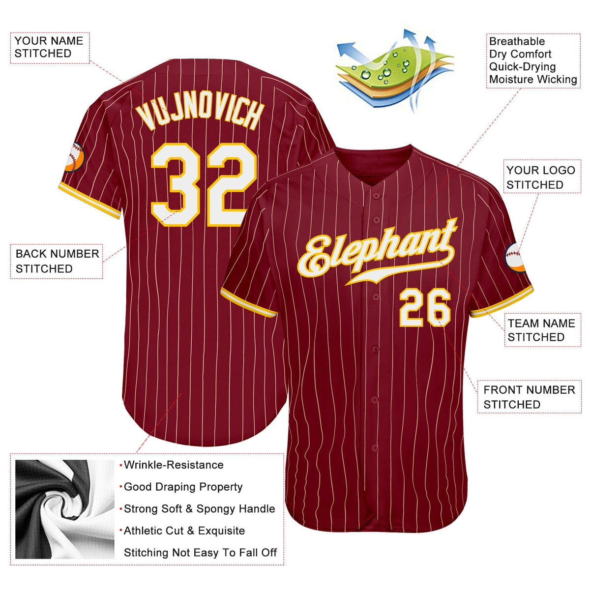 Custom Baseball Jersey - Crimson Cream Pinstripe Gold-White