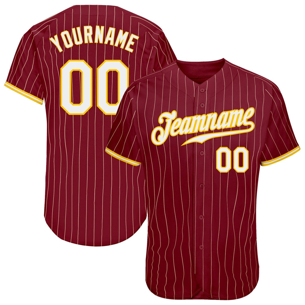 Custom Baseball Jersey - Crimson Cream Pinstripe Gold-White