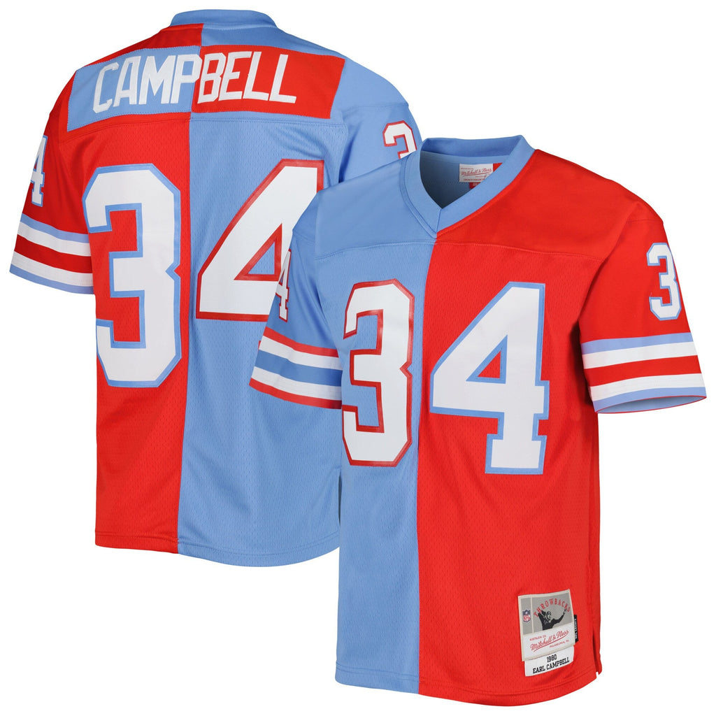 Houston Oilers Earl Campbell Red/Light Blue Gridiron Classics 1980 Split Legacy Replica Football Jersey