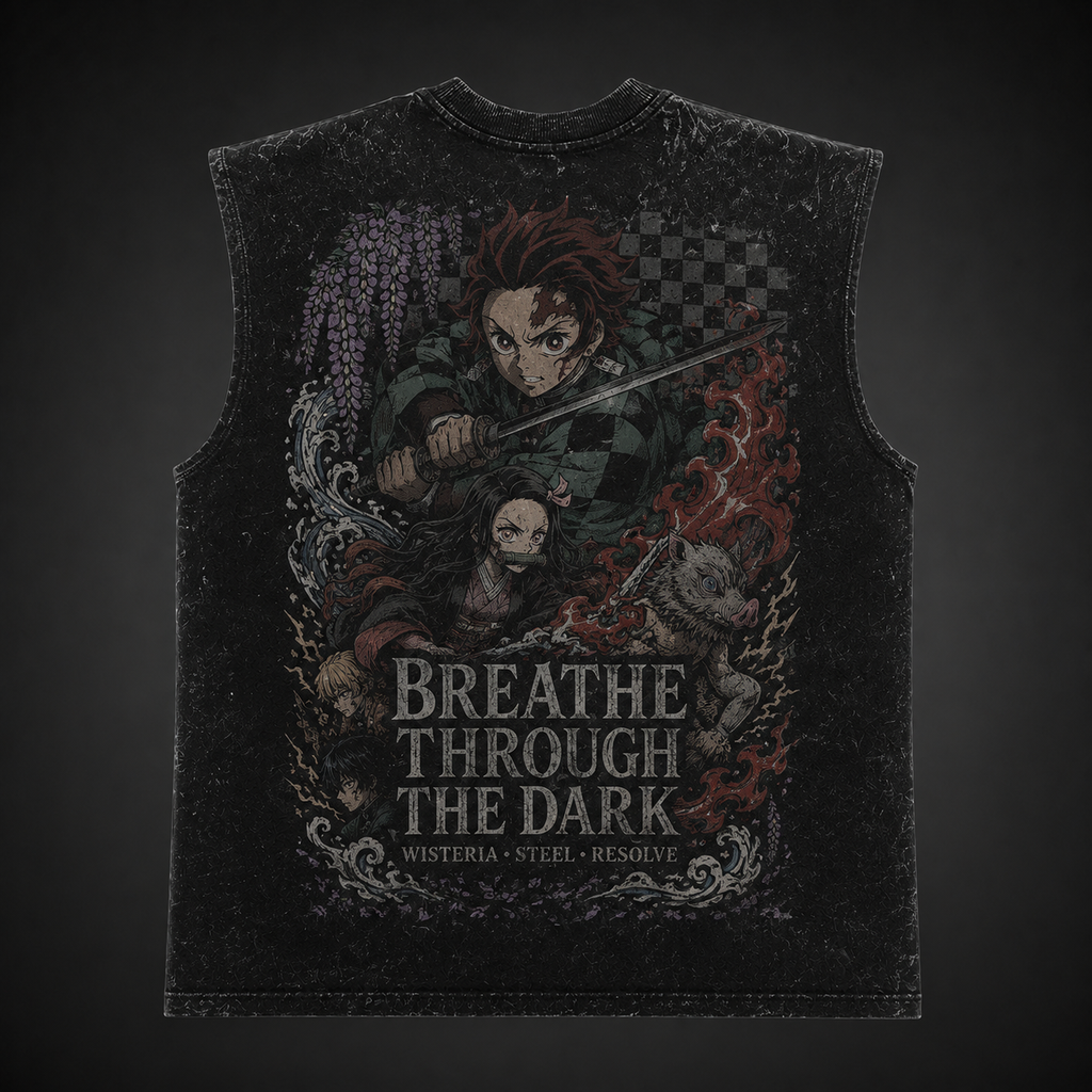 Demon Slayer Anime Tank Top - Breathe Through The Dark Acid Wash Vest