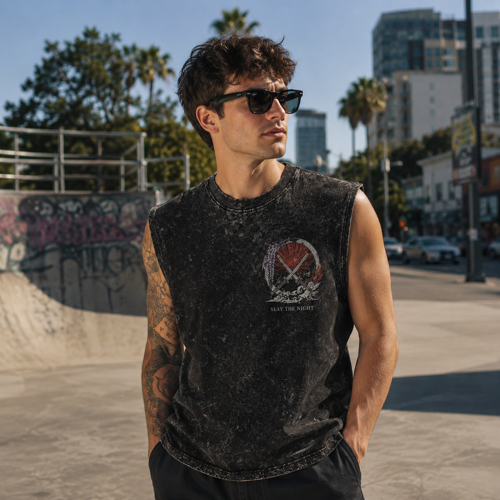 Demon Slayer Anime Tank Top - Breathe Through The Dark Acid Wash Vest