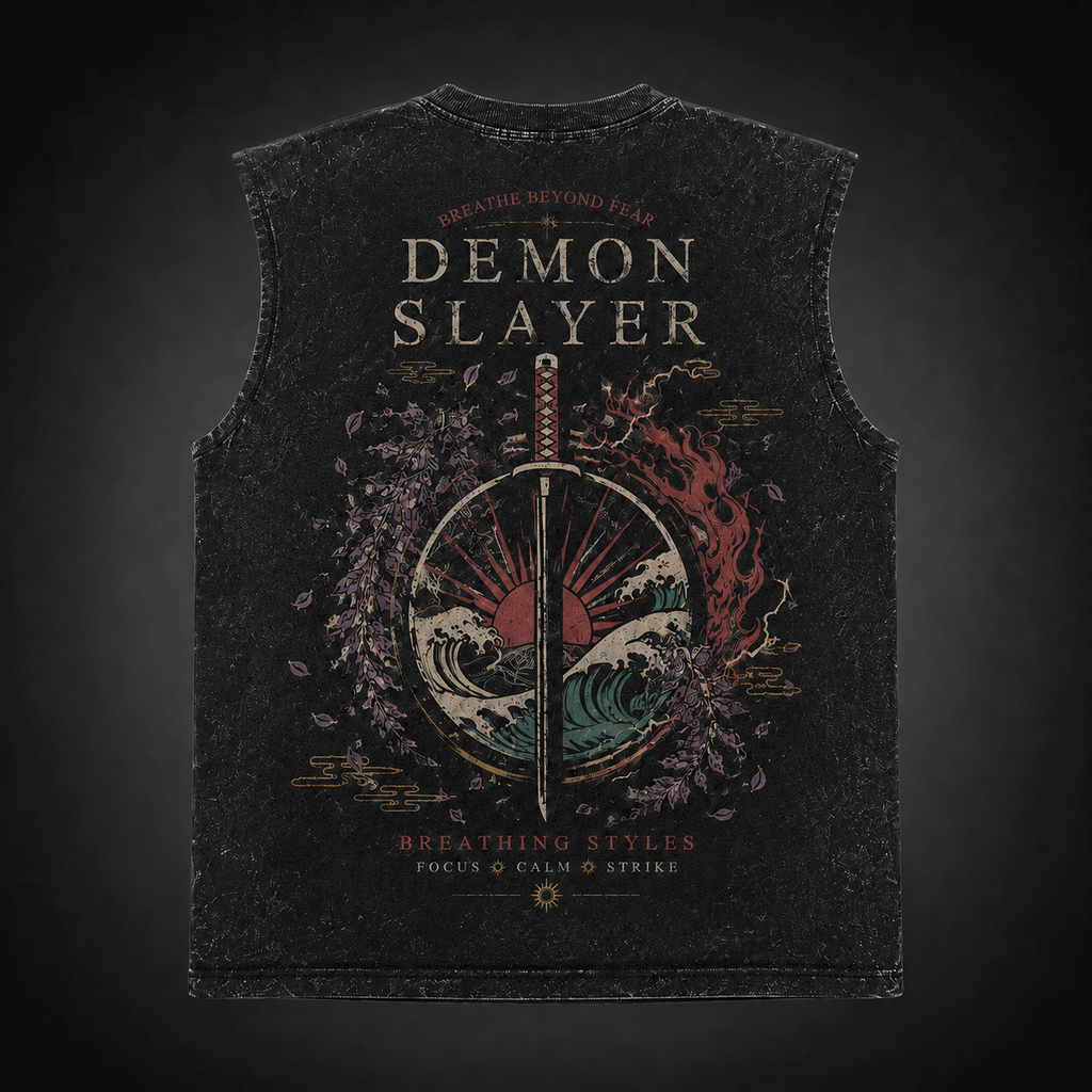 Demon Slayer Anime Tank Top - Breathing Styles Crest Acid Wash Vest