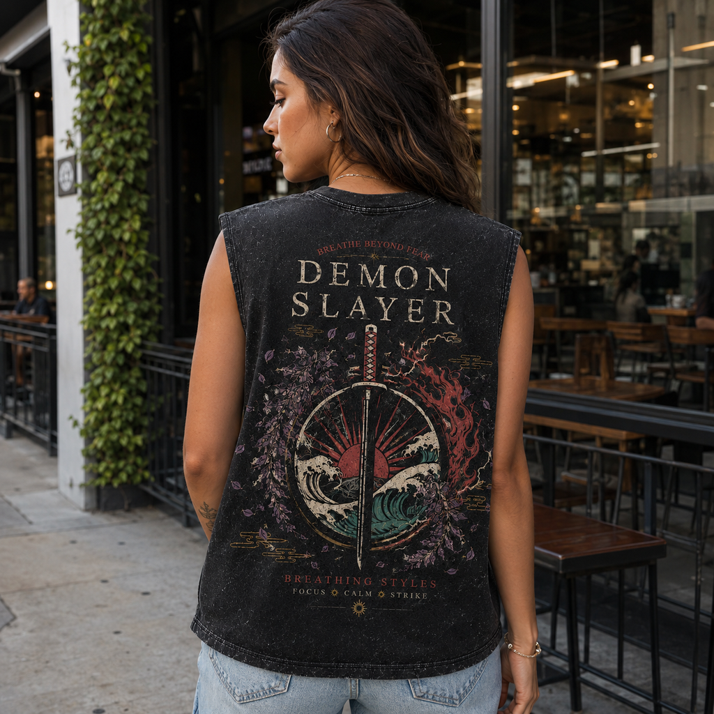 Demon Slayer Anime Tank Top - Breathing Styles Crest Acid Wash Vest