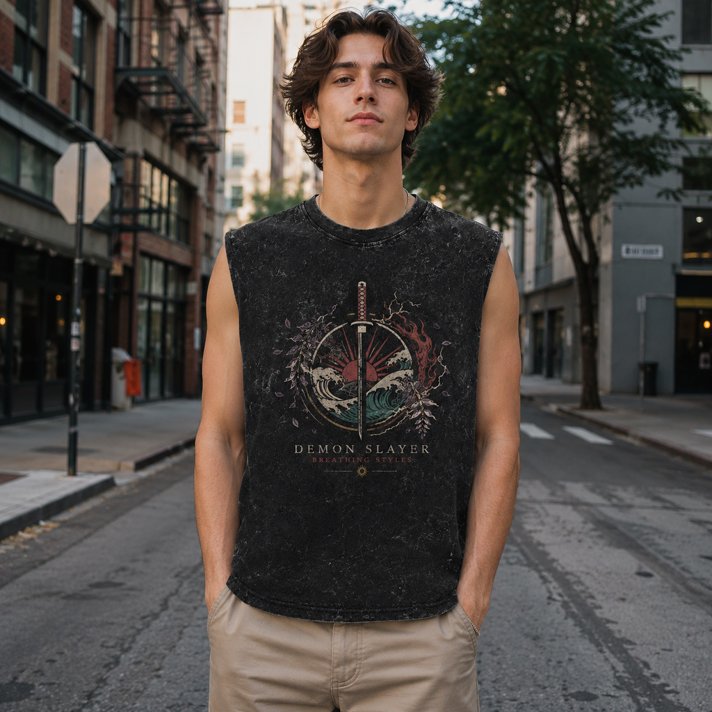 Demon Slayer Anime Tank Top - Breathing Styles Crest Acid Wash Vest