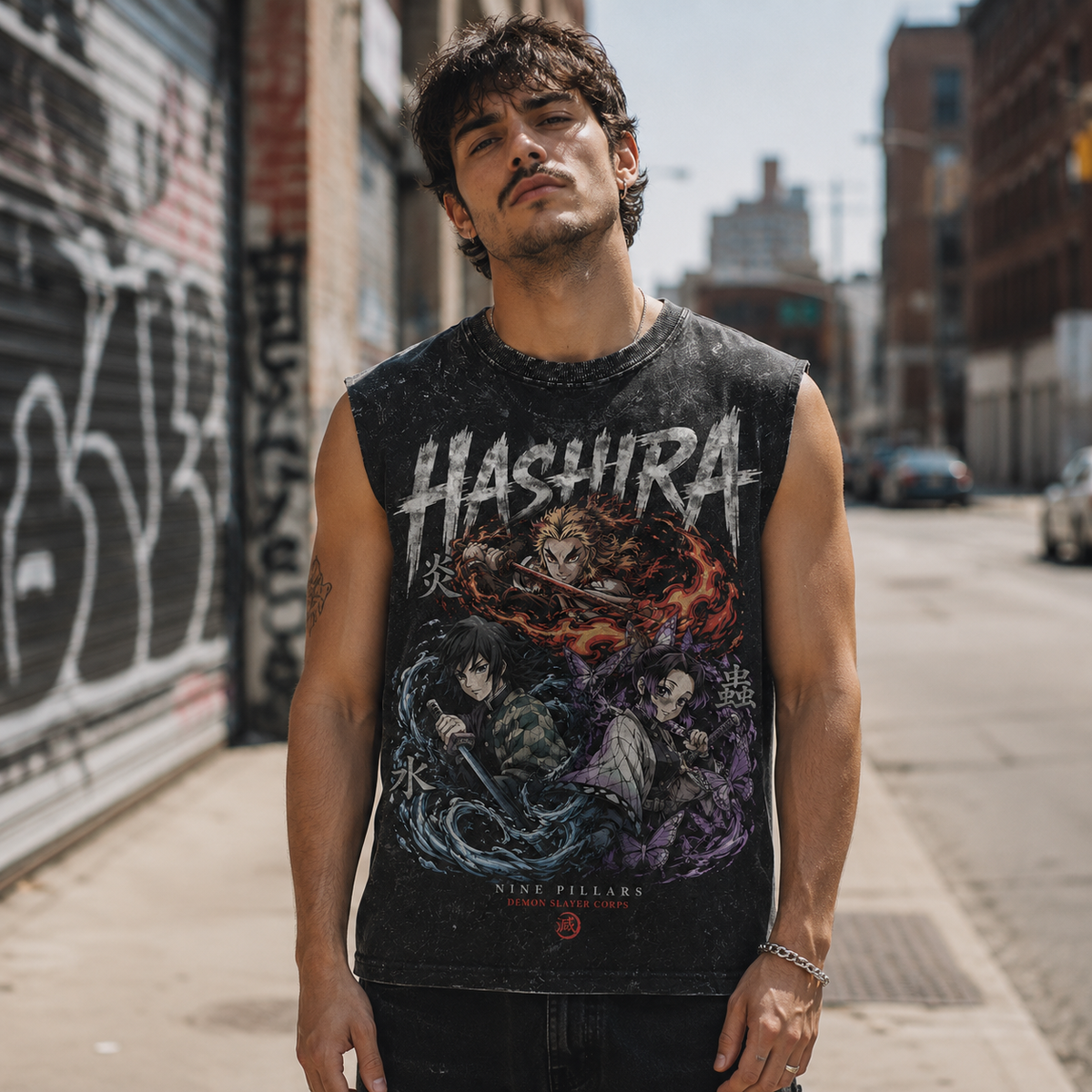 Demon Slayer Anime Tank Top - Nine Pillars Assembly Acid Wash Vest