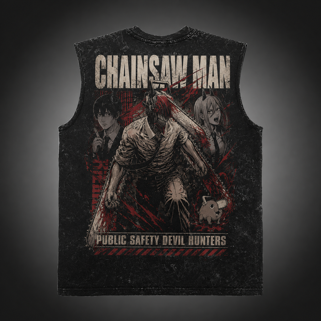 Denji, Aki Hayakawa, Power Chainsaw Man Anime Tank Top - Devil Hunters Trio Acid Wash Vest