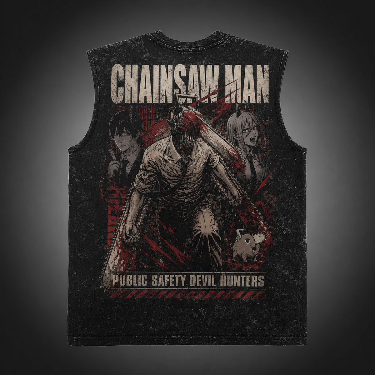 Denji, Aki Hayakawa, Power Chainsaw Man Anime Tank Top - Devil Hunters Trio Acid Wash Vest