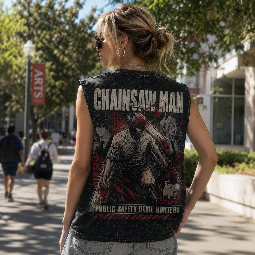 Denji, Aki Hayakawa, Power Chainsaw Man Anime Tank Top - Devil Hunters Trio Acid Wash Vest
