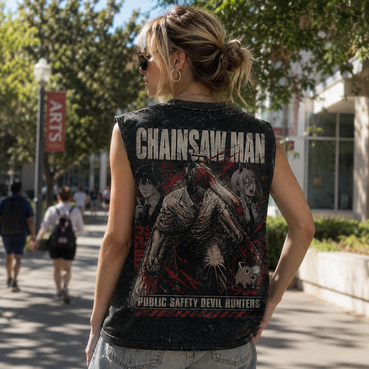 Denji, Aki Hayakawa, Power Chainsaw Man Anime Tank Top - Devil Hunters Trio Acid Wash Vest