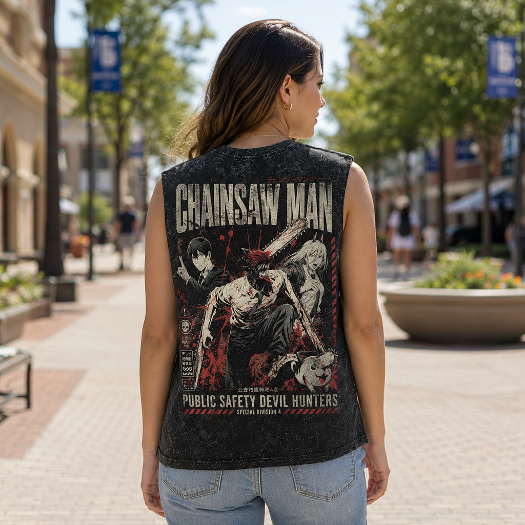 Denji, Aki Hayakawa, Power Chainsaw Man Anime Tank Top - Special Division Four Acid Wash Vest