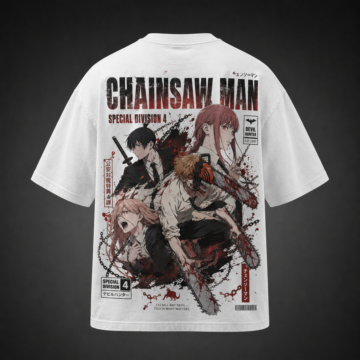 Denji, Aki, Power & Makima Chainsaw Man Anime Graphic Tee - Devil Hunter Cover
