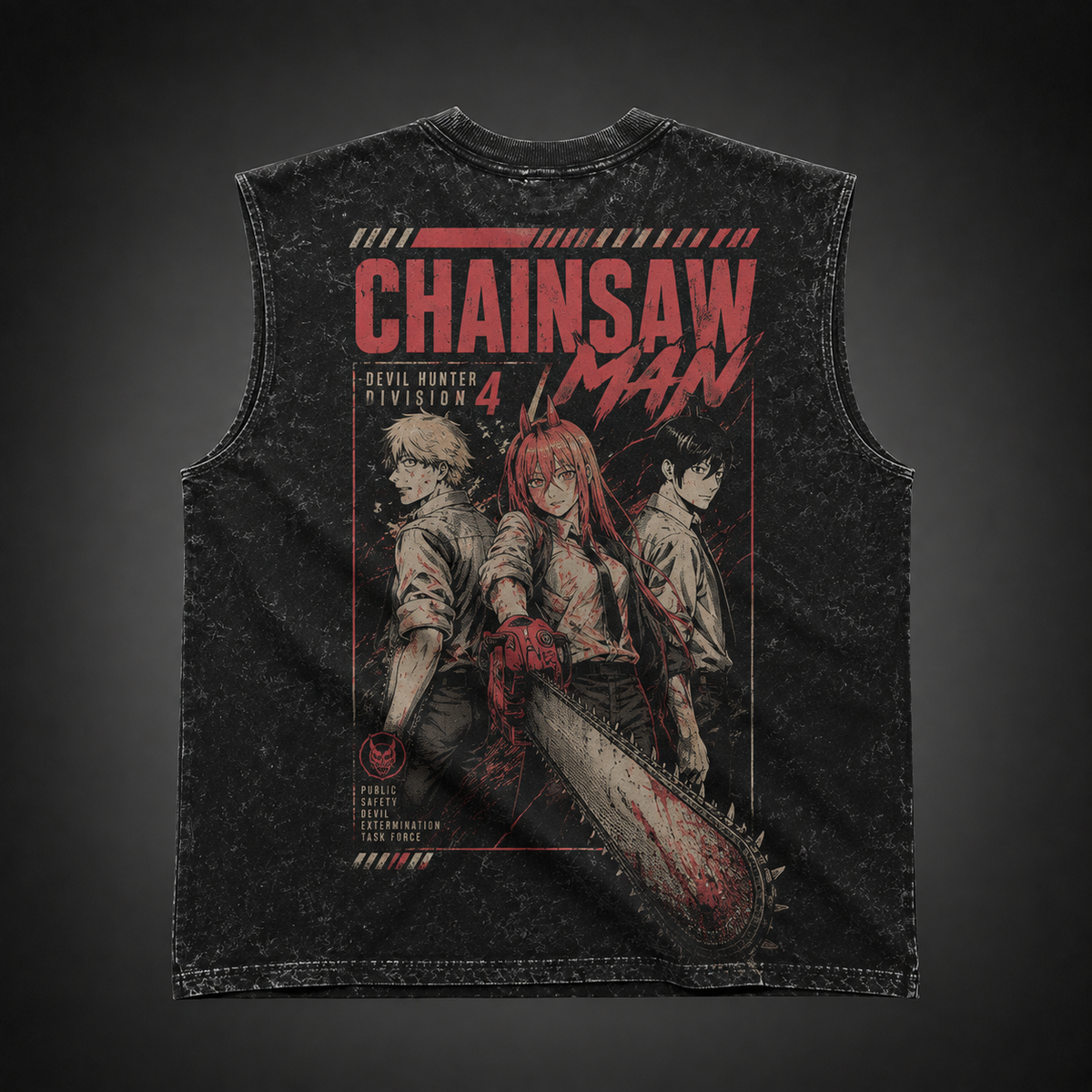 Denji, Power, Aki Hayakawa Chainsaw Man Anime Tank Top - Extermination Squad Acid Wash Vest