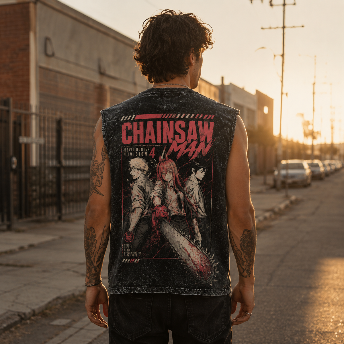 Denji, Power, Aki Hayakawa Chainsaw Man Anime Tank Top - Extermination Squad Acid Wash Vest