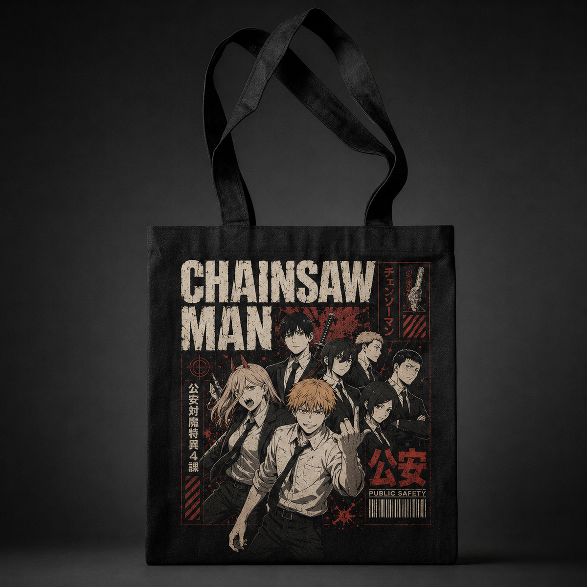 Denji, Power, Aki Hayakawa, Himeno, Kobeni, Hirokazu Arai (Chainsaw Man Anime Canvas Tote Bag -) Squad Assemble