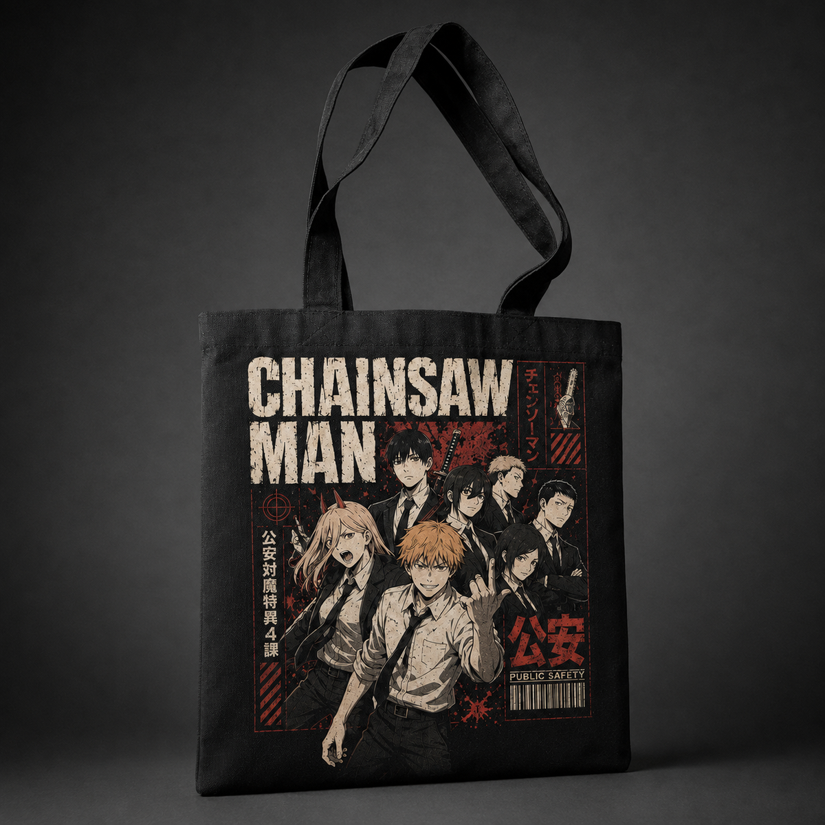 Denji, Power, Aki Hayakawa, Himeno, Kobeni, Hirokazu Arai (Chainsaw Man Anime Canvas Tote Bag -) Squad Assemble