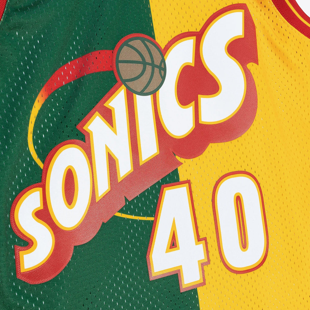 Seattle Supersonics Shawn Kemp 1995 Split Swingman Jersey - Green/Yellow