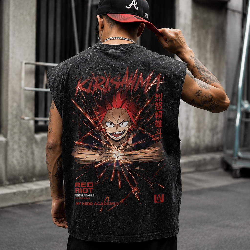 Eijiro Kirishima My Hero Academia Anime Tank Top - Red Riot Unbreakable Acid Wash Vest