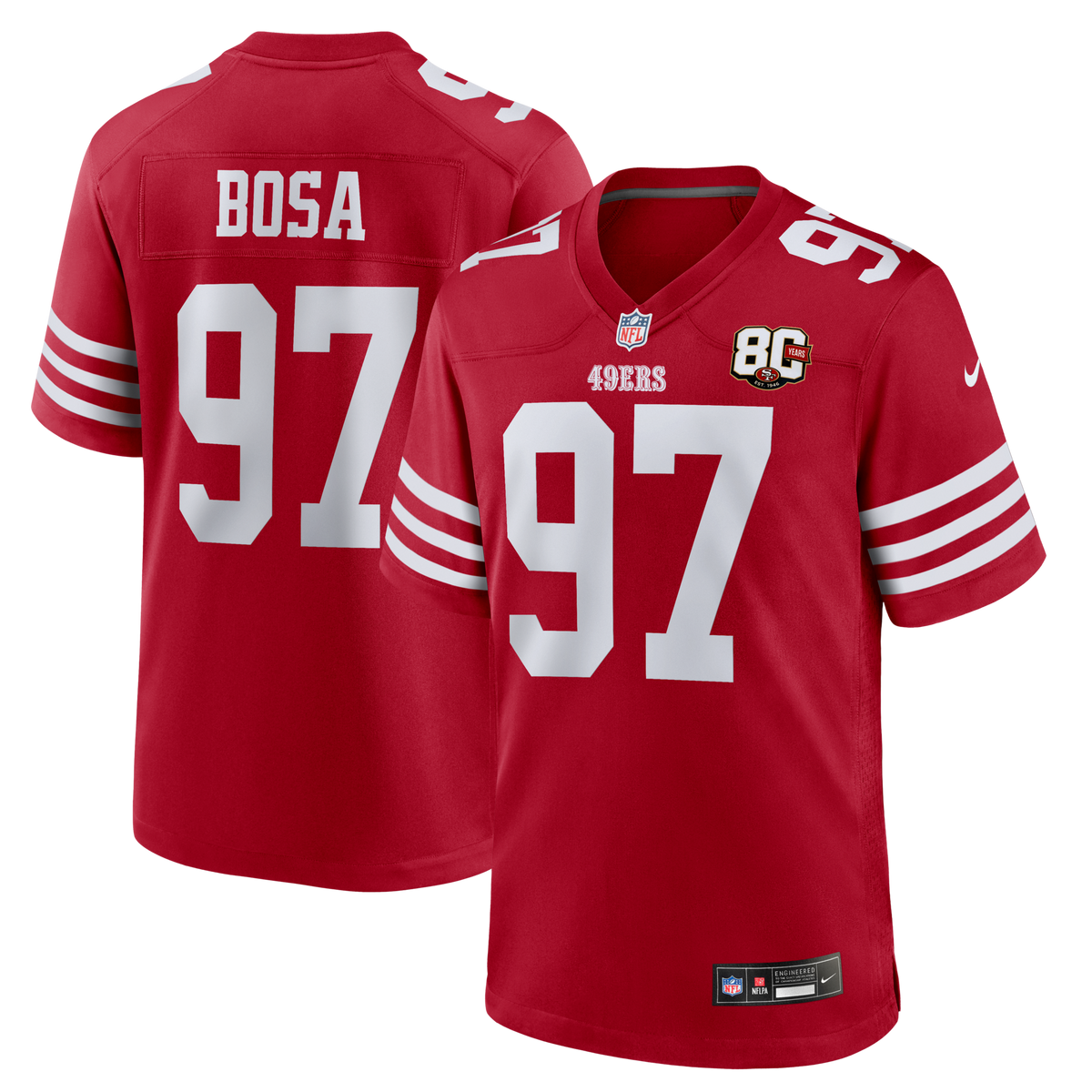 San Francisco 49ers Nick Bosa Scarlet 80th Anniversary Game Football Jersey