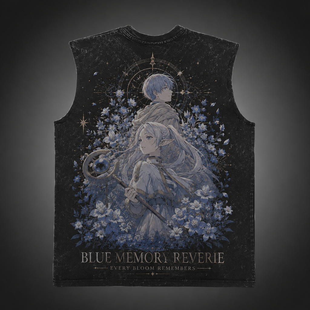 Frieren Anime Tank Top - Blue Memory Reverie Acid Wash Vest