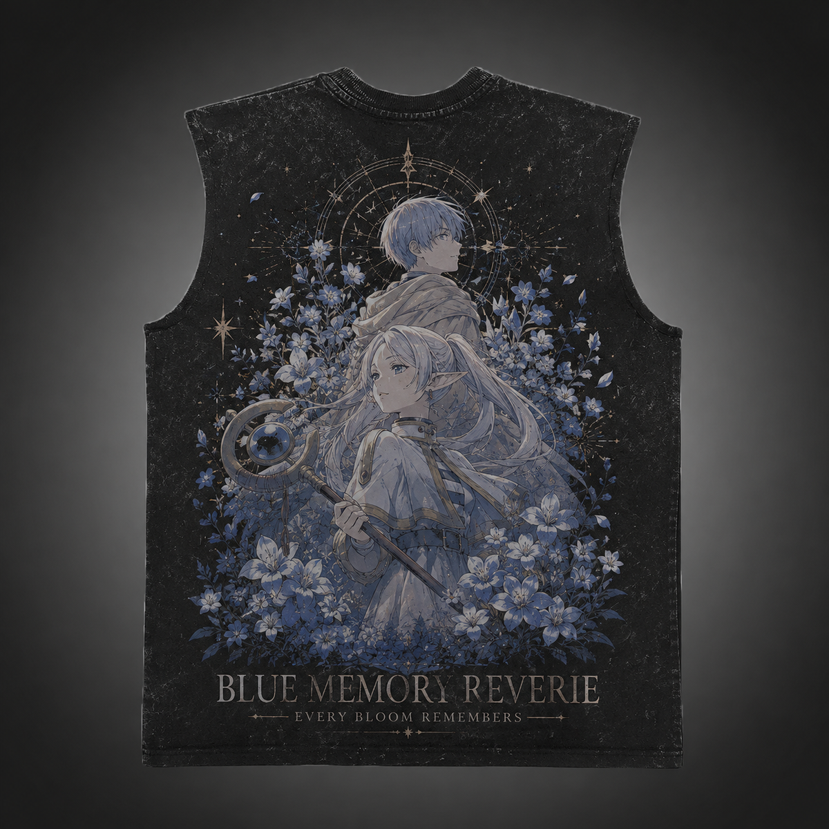 Frieren Anime Tank Top - Blue Memory Reverie Acid Wash Vest