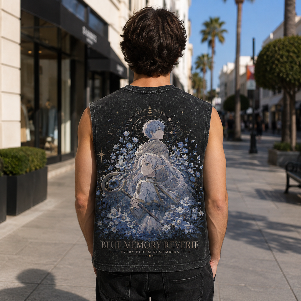 Frieren Anime Tank Top - Blue Memory Reverie Acid Wash Vest